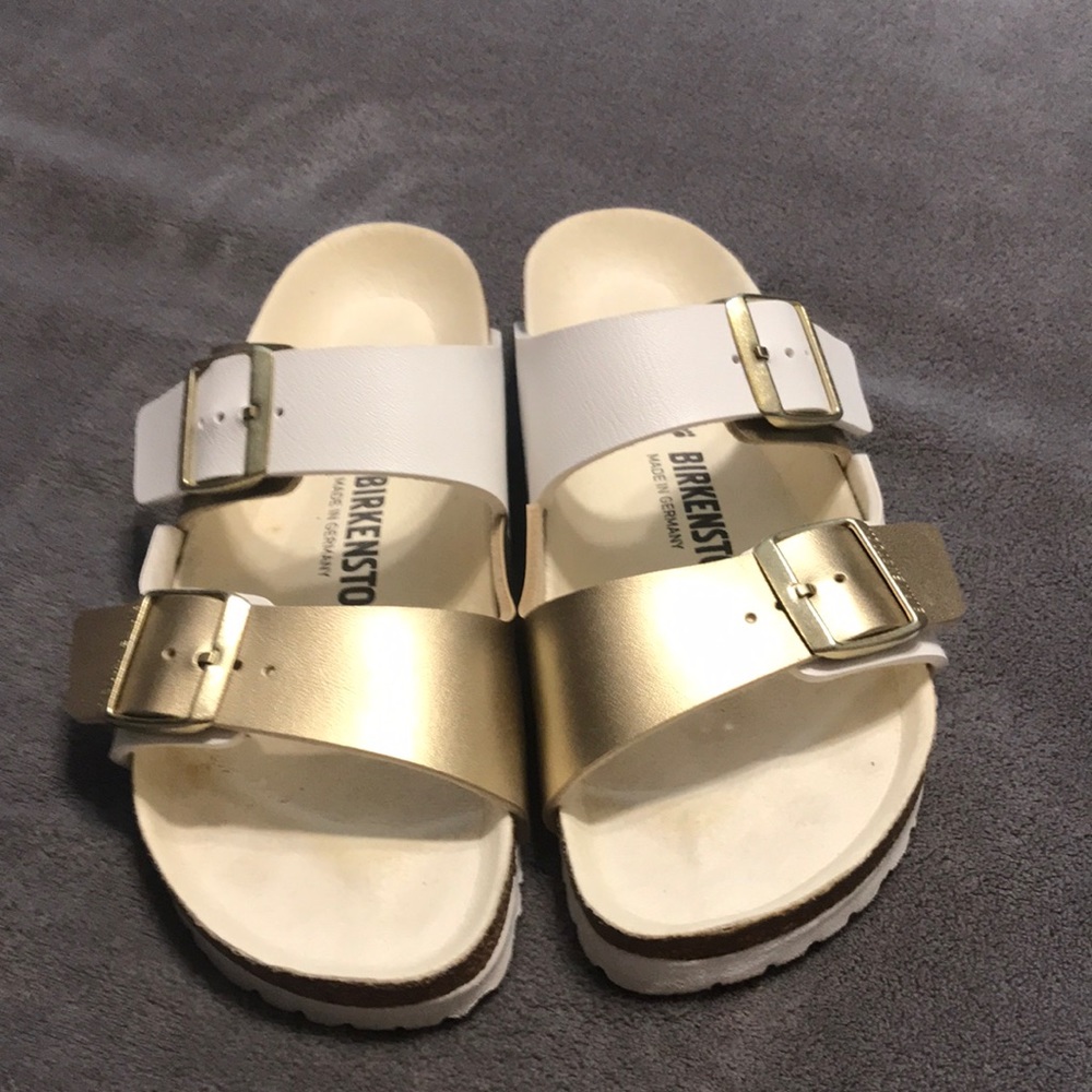 Birkenstock sandals. Super cute!!! White & gold
